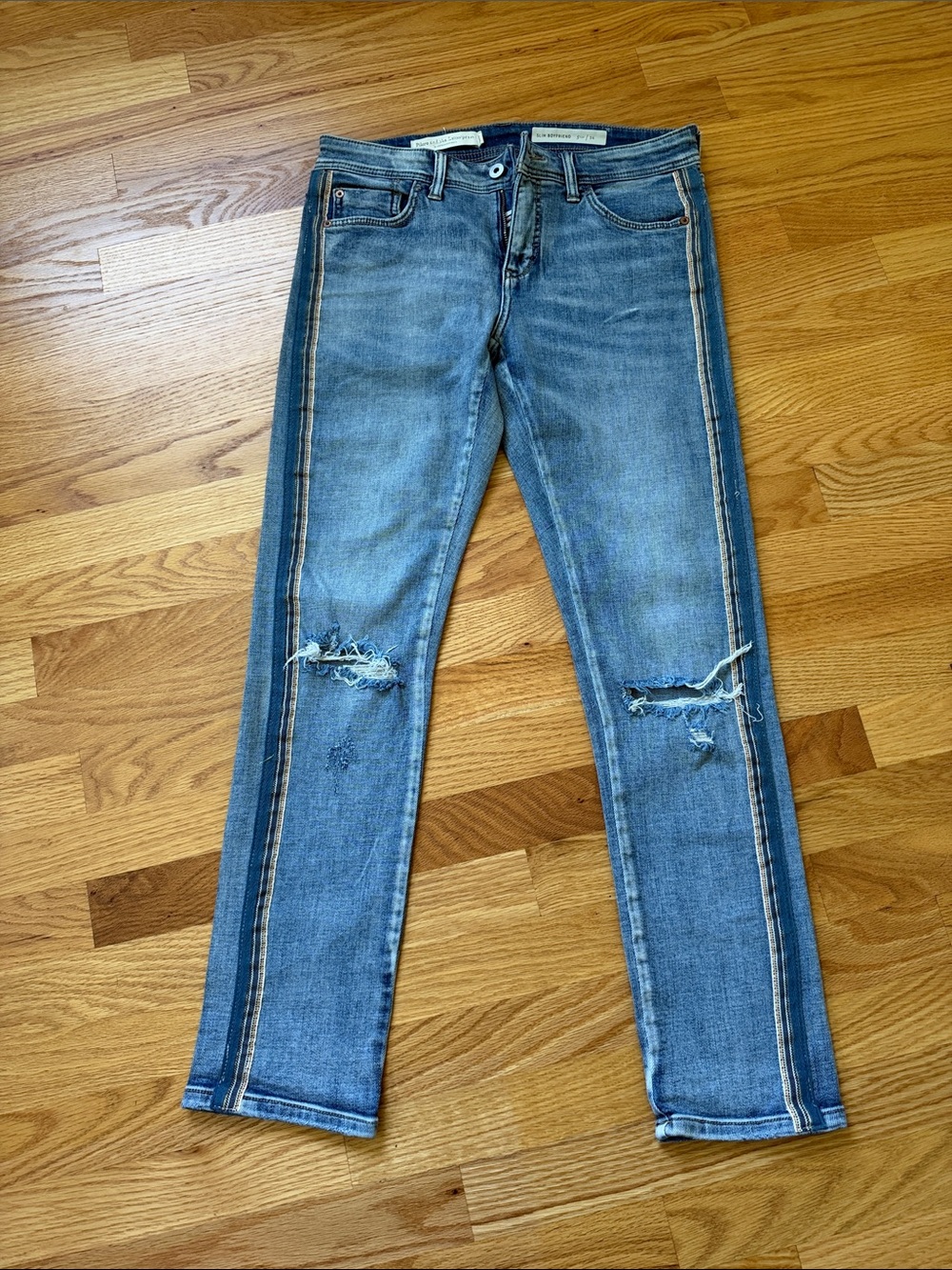 Distressed Blue Women's Skinny Jeans with Side Stripe